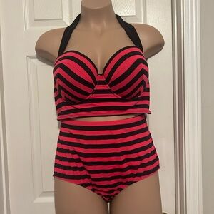 Torrid Pink and Black Striped Top and Bottom swimsuit.